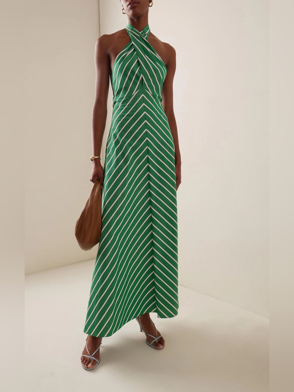 STAUD Dawn Striped Stretch-Cotton Halter Maxi Dress S
